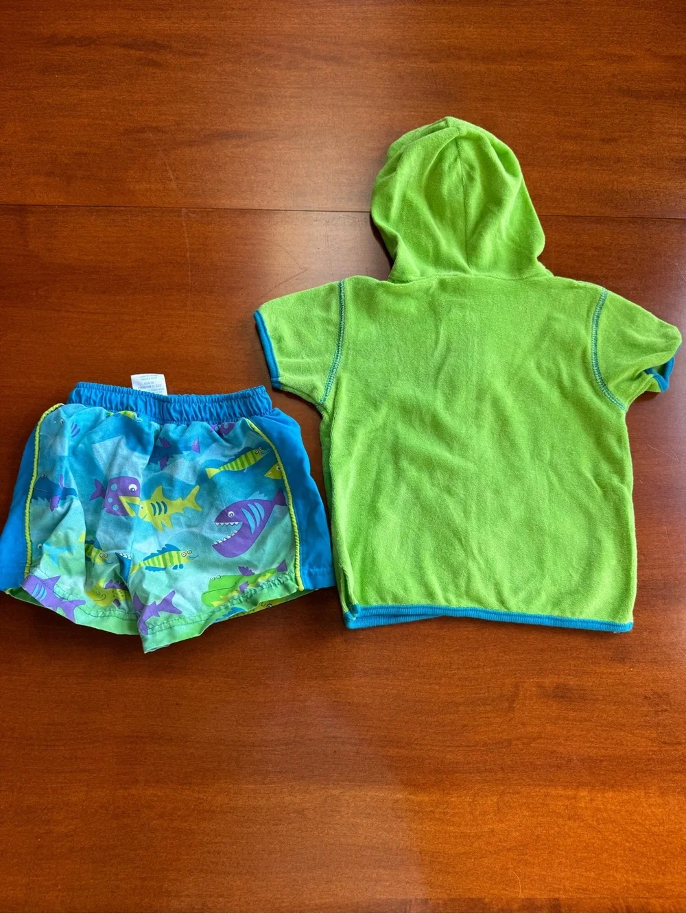 Kids Green Hooded Swim Cover-Up and Blue Fish Print Swim Trunks Set